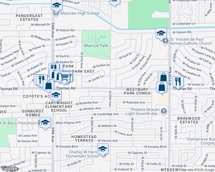 map of restaurants, bars, coffee shops, grocery stores, and more near 2922 North 55th Drive in Phoenix