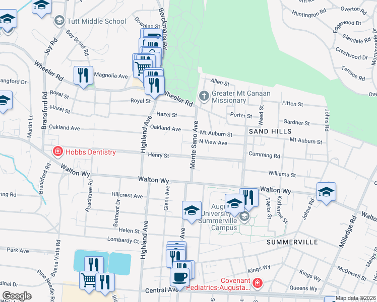 map of restaurants, bars, coffee shops, grocery stores, and more near 801 Monte Sano Avenue in Augusta