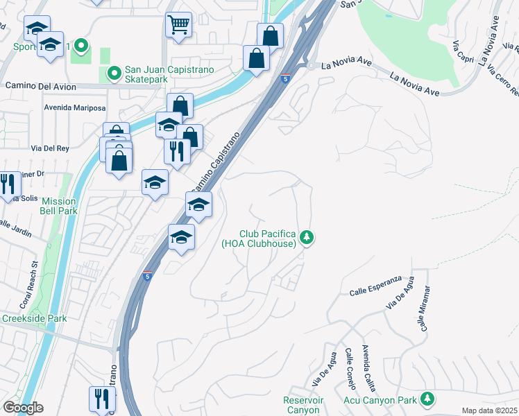 map of restaurants, bars, coffee shops, grocery stores, and more near 33536 Valle Road in San Juan Capistrano