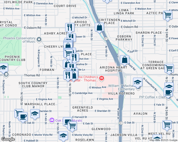 map of restaurants, bars, coffee shops, grocery stores, and more near 1731 East Verde Lane in Phoenix