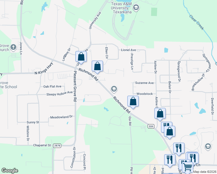 map of restaurants, bars, coffee shops, grocery stores, and more near 6224 Richmond Road in Texarkana