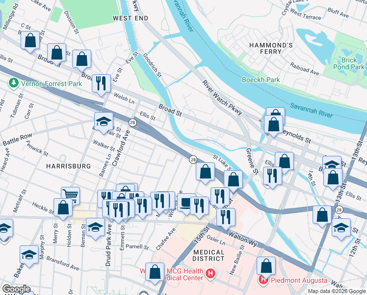 map of restaurants, bars, coffee shops, grocery stores, and more near 401 Hamilton Street in Augusta
