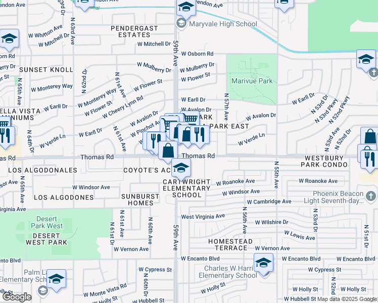 map of restaurants, bars, coffee shops, grocery stores, and more near 5840 West Thomas Road in Phoenix