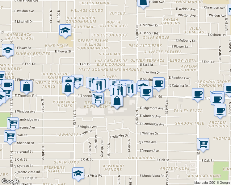 map of restaurants, bars, coffee shops, grocery stores, and more near 3826 East Thomas Road in Phoenix