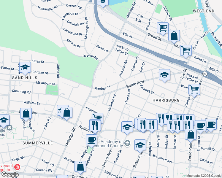 map of restaurants, bars, coffee shops, grocery stores, and more near 2101 Gardner Street in Augusta