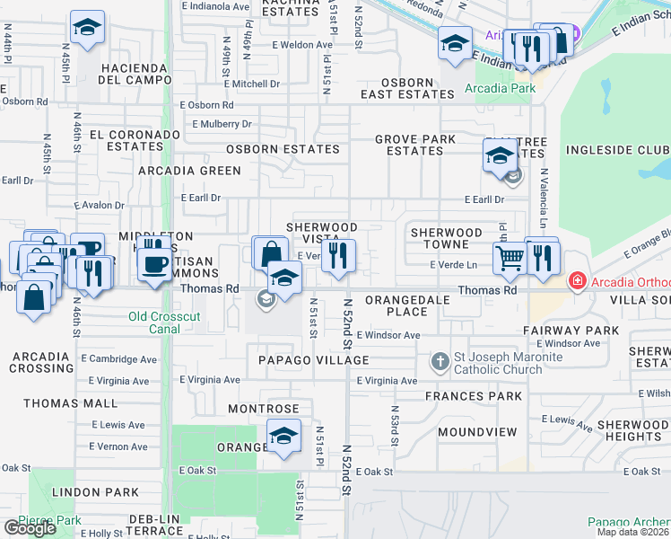 map of restaurants, bars, coffee shops, grocery stores, and more near 2930 North 52nd Street in Phoenix