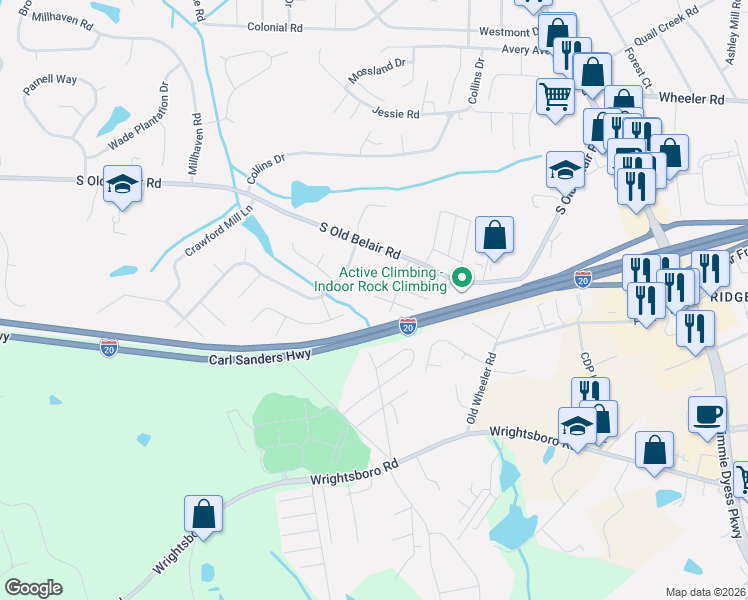 map of restaurants, bars, coffee shops, grocery stores, and more near 412 Belglade Road in Grovetown