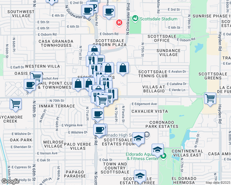 map of restaurants, bars, coffee shops, grocery stores, and more near 2929 North 73rd Street in Scottsdale