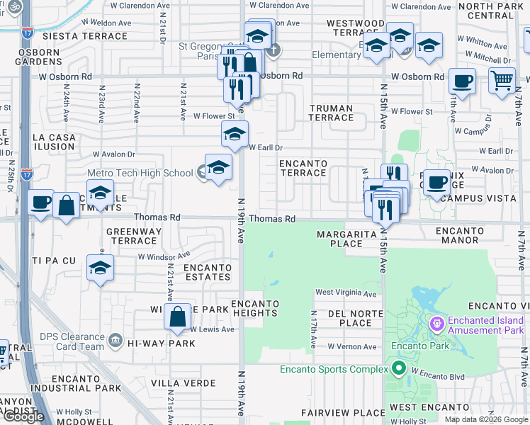 map of restaurants, bars, coffee shops, grocery stores, and more near 2928 North 18th Avenue in Phoenix