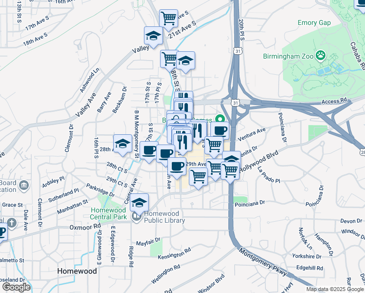 map of restaurants, bars, coffee shops, grocery stores, and more near 2727 18th Street South in Birmingham