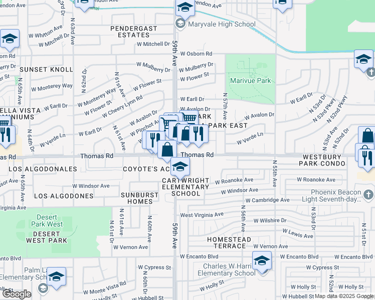 map of restaurants, bars, coffee shops, grocery stores, and more near 5840 West Thomas Road in Phoenix