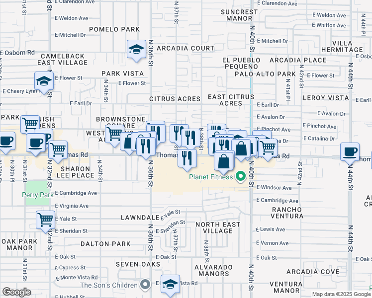 map of restaurants, bars, coffee shops, grocery stores, and more near 2930 North 38th Street in Phoenix