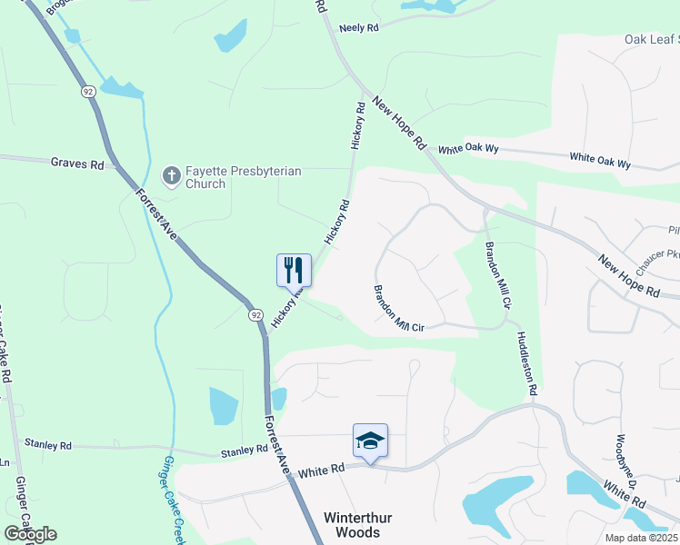 map of restaurants, bars, coffee shops, grocery stores, and more near 190 Hickory Road in Fayetteville