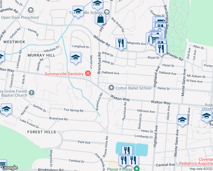 map of restaurants, bars, coffee shops, grocery stores, and more near 2924 Henry Street in Augusta