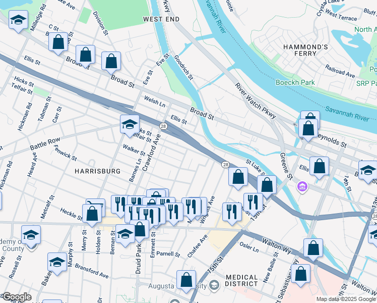 map of restaurants, bars, coffee shops, grocery stores, and more near 1648 Hicks Street in Augusta