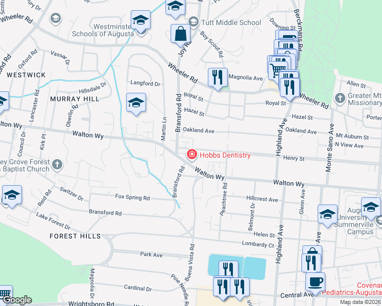map of restaurants, bars, coffee shops, grocery stores, and more near 2924 Henry Street in Augusta