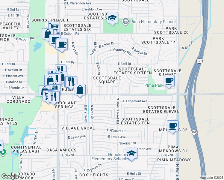 map of restaurants, bars, coffee shops, grocery stores, and more near 2979 North 83rd Place in Scottsdale