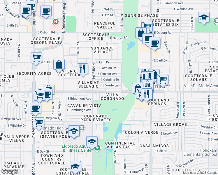 map of restaurants, bars, coffee shops, grocery stores, and more near 7720 East Verde Lane in Scottsdale