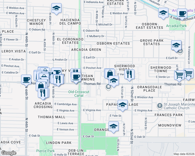 map of restaurants, bars, coffee shops, grocery stores, and more near 4915 East Pinchot Avenue in Phoenix
