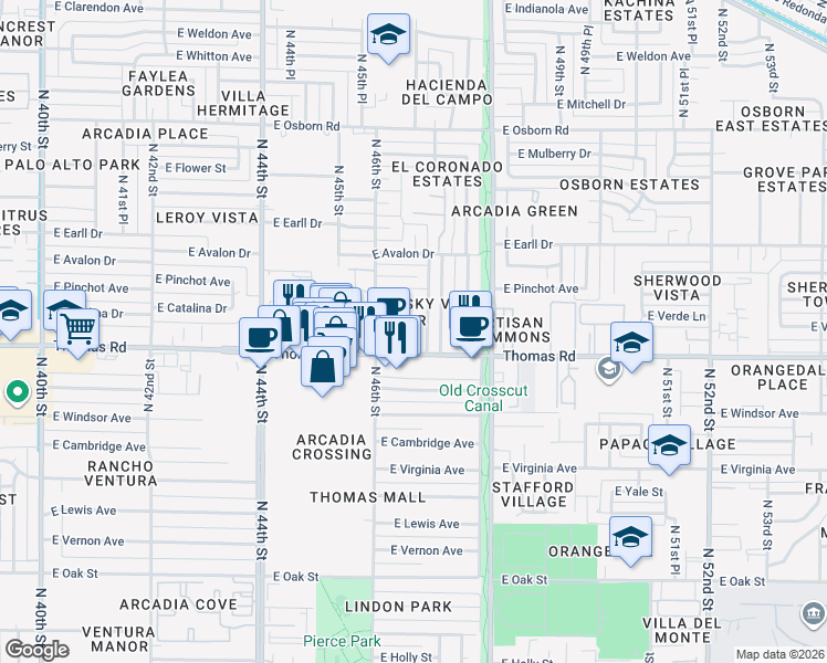map of restaurants, bars, coffee shops, grocery stores, and more near 4637 East Catalina Drive in Phoenix