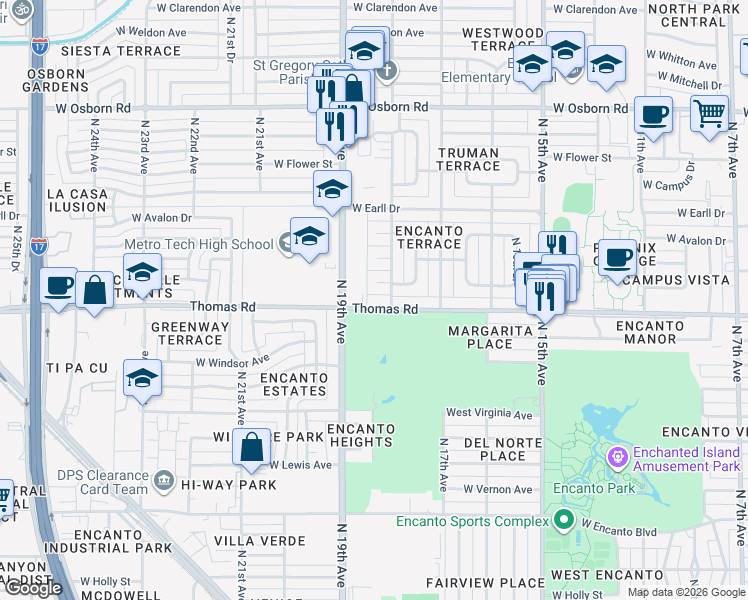 map of restaurants, bars, coffee shops, grocery stores, and more near 2928 North 18th Avenue in Phoenix