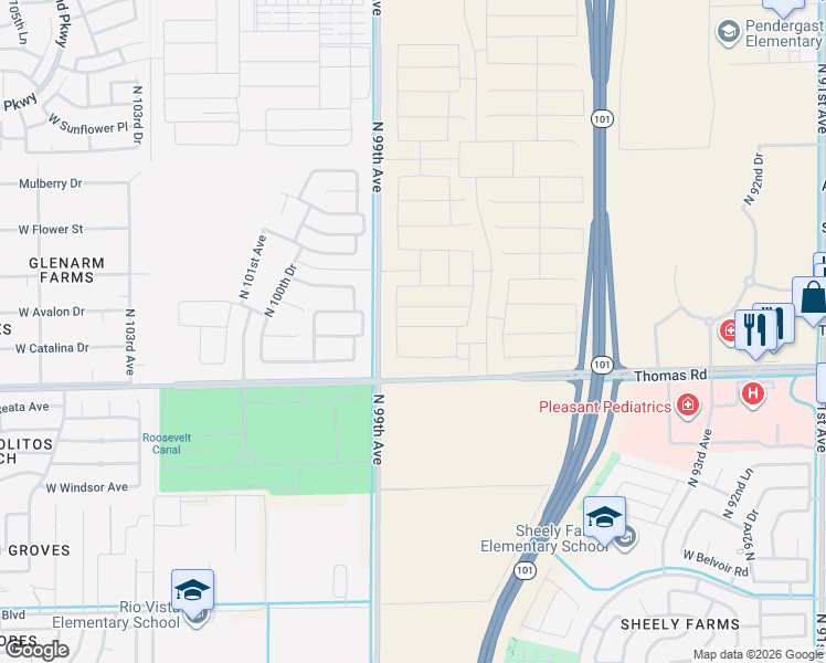 map of restaurants, bars, coffee shops, grocery stores, and more near 2918-3480 North 99th Avenue in Avondale