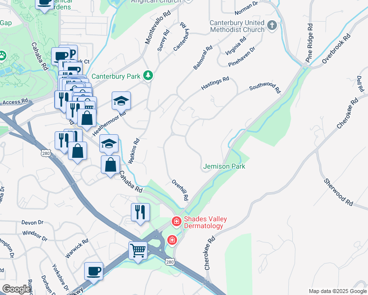 map of restaurants, bars, coffee shops, grocery stores, and more near 2705 Southwood Road in Birmingham