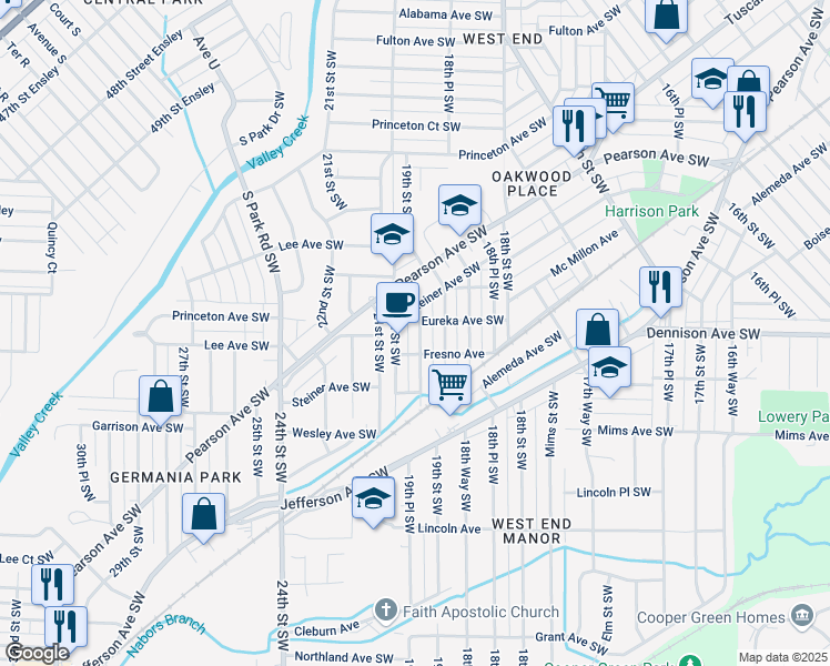 map of restaurants, bars, coffee shops, grocery stores, and more near 1927 Steiner Avenue Southwest in Birmingham