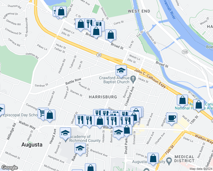 map of restaurants, bars, coffee shops, grocery stores, and more near 1911 Watkins Street in Augusta
