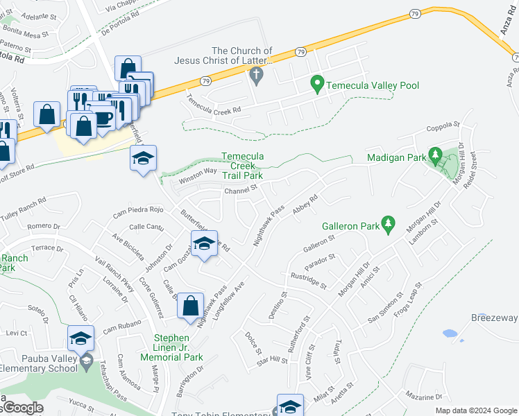 map of restaurants, bars, coffee shops, grocery stores, and more near 44406 Kingston Drive in Temecula