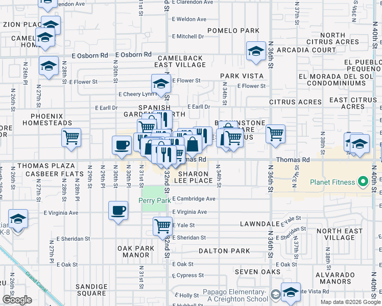 map of restaurants, bars, coffee shops, grocery stores, and more near 3247 East Pinchot Avenue in Phoenix