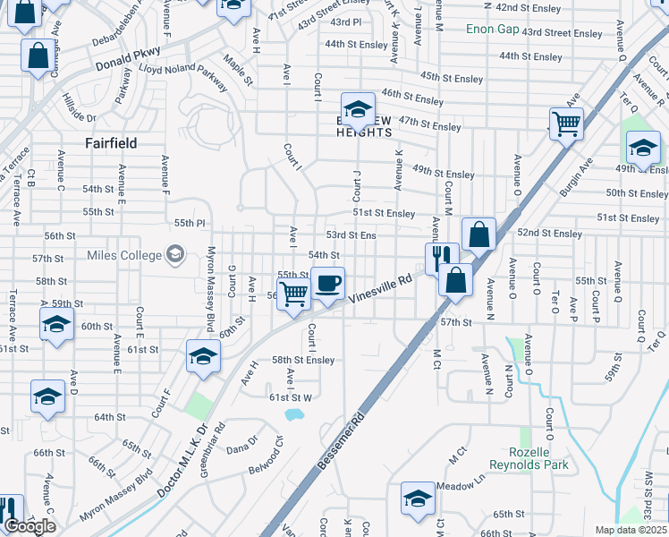 map of restaurants, bars, coffee shops, grocery stores, and more near 5464 Ave J in Birmingham