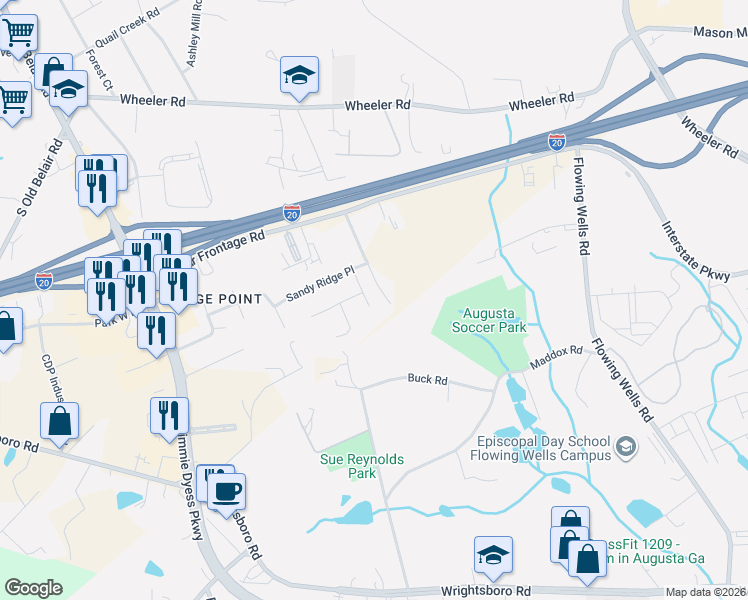 map of restaurants, bars, coffee shops, grocery stores, and more near 505-509 Bluff Road in Augusta