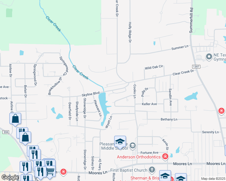 map of restaurants, bars, coffee shops, grocery stores, and more near 5 Valley View Circle in Texarkana