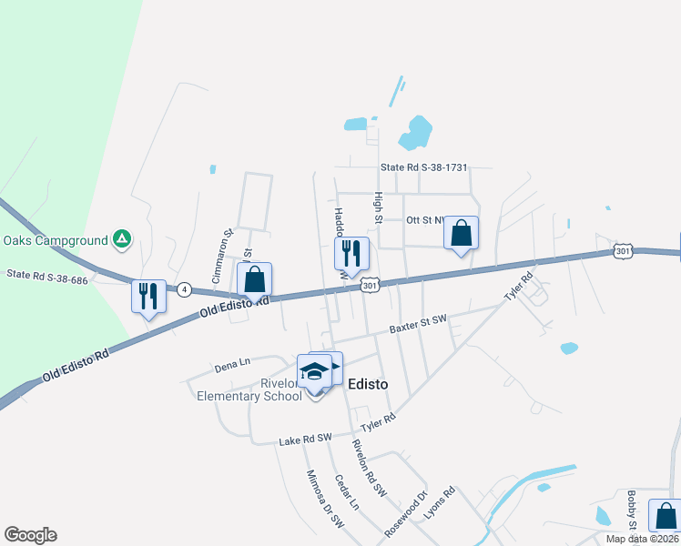 map of restaurants, bars, coffee shops, grocery stores, and more near 110 Haddock Road Northwest in Orangeburg