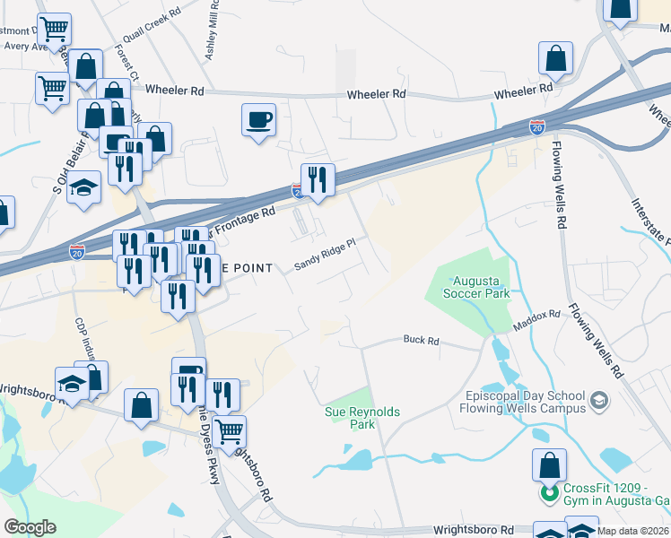 map of restaurants, bars, coffee shops, grocery stores, and more near 4372 Sandy Ridge Place in Augusta
