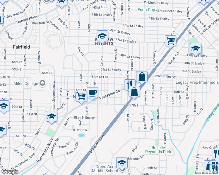 map of restaurants, bars, coffee shops, grocery stores, and more near 5320 Terrace J in Birmingham