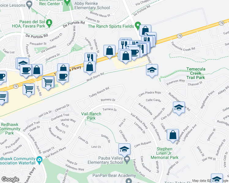 map of restaurants, bars, coffee shops, grocery stores, and more near 33032 Rossman Circle in Temecula