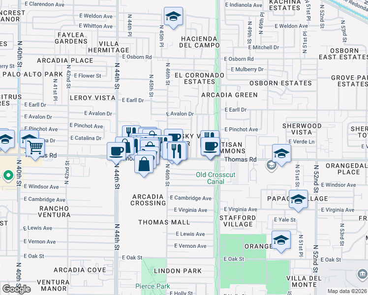 map of restaurants, bars, coffee shops, grocery stores, and more near 4637 East Catalina Drive in Phoenix
