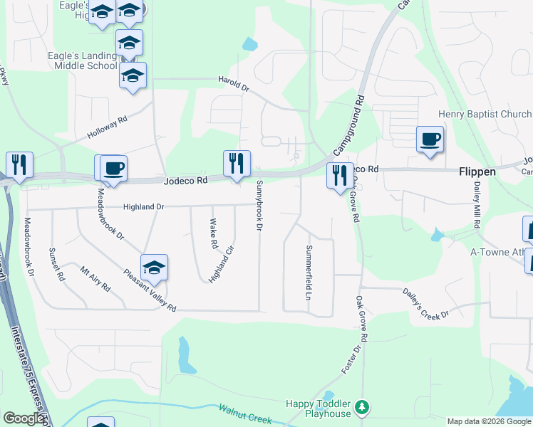 map of restaurants, bars, coffee shops, grocery stores, and more near 30 Spring Lane in McDonough