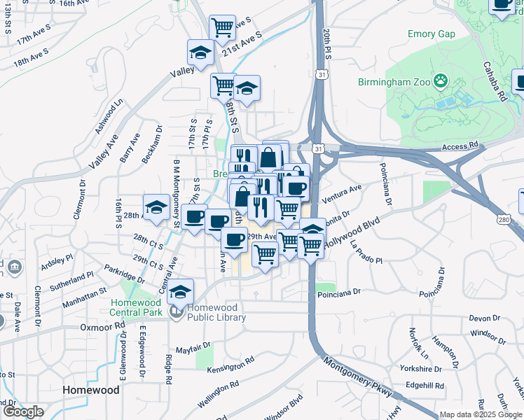 map of restaurants, bars, coffee shops, grocery stores, and more near 1831 28th Avenue South in Homewood