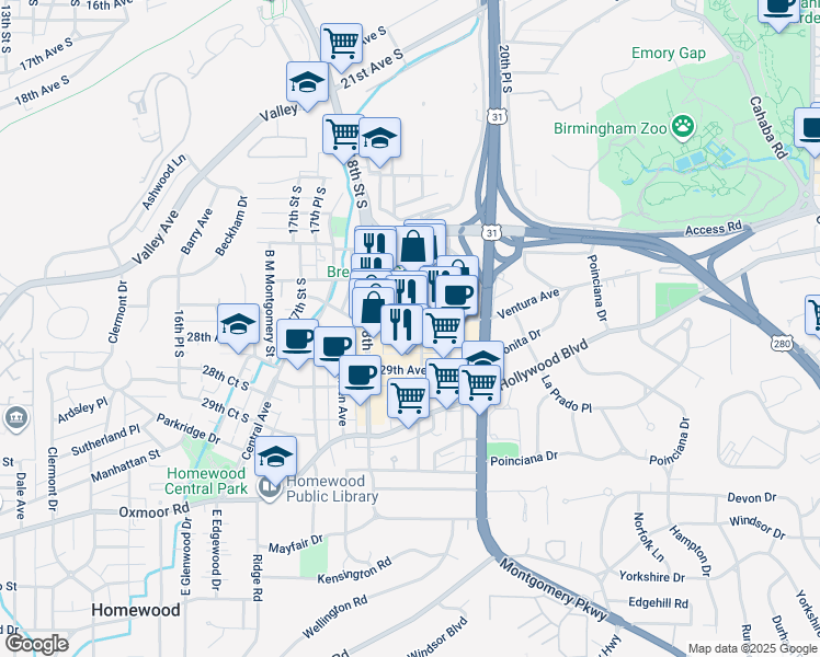 map of restaurants, bars, coffee shops, grocery stores, and more near 1824 28th Avenue South in Birmingham