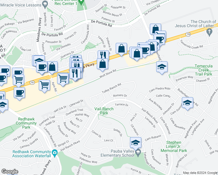 map of restaurants, bars, coffee shops, grocery stores, and more near 32892 Tulley Ranch Road in Temecula
