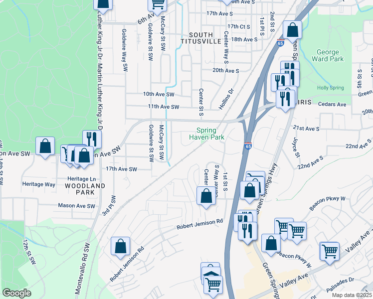 map of restaurants, bars, coffee shops, grocery stores, and more near 20 Spring Haven Circle Southwest in Birmingham