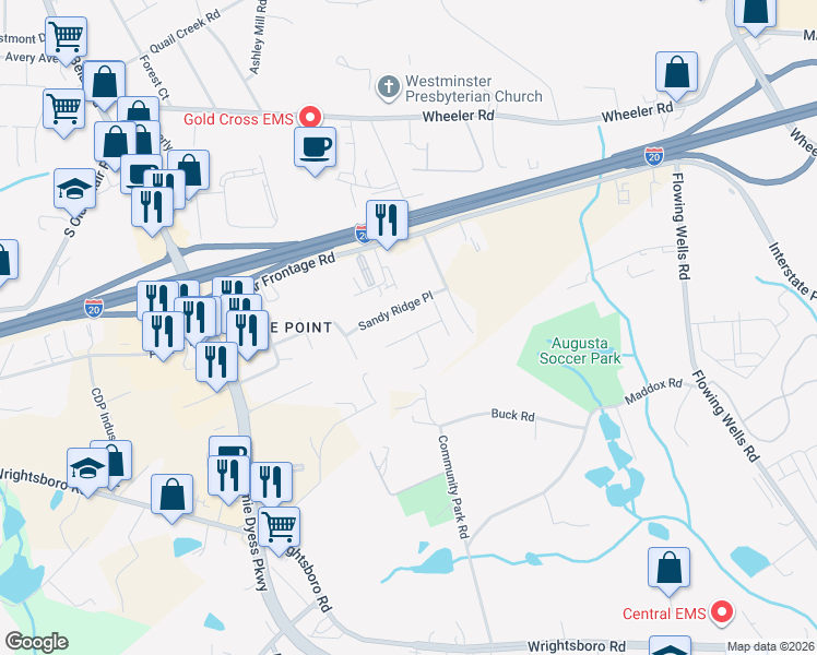 map of restaurants, bars, coffee shops, grocery stores, and more near 4372 Sandy Ridge Place in Augusta