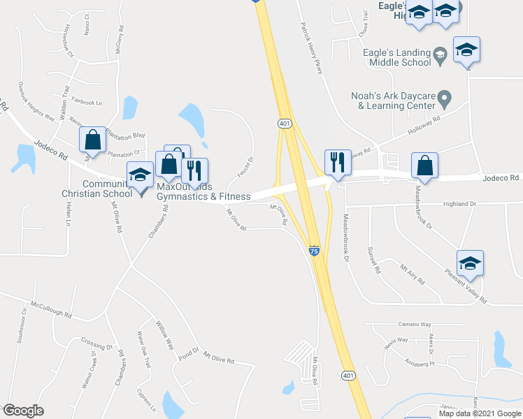 map of restaurants, bars, coffee shops, grocery stores, and more near 2239 Jodeco Road in McDonough