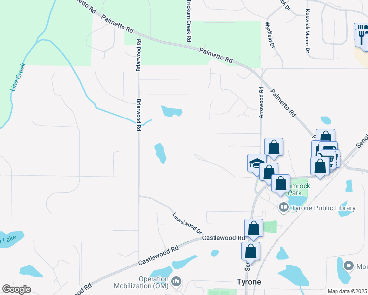 map of restaurants, bars, coffee shops, grocery stores, and more near 205 Brentwood Road in Tyrone