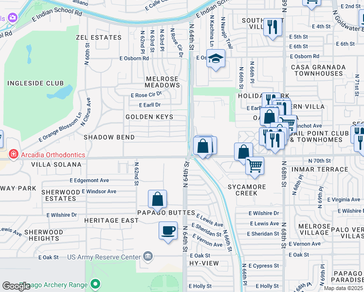 map of restaurants, bars, coffee shops, grocery stores, and more near 6380 East Thomas Road in Scottsdale