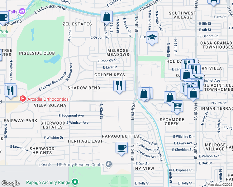 map of restaurants, bars, coffee shops, grocery stores, and more near 6289 East Catalina Drive in Scottsdale
