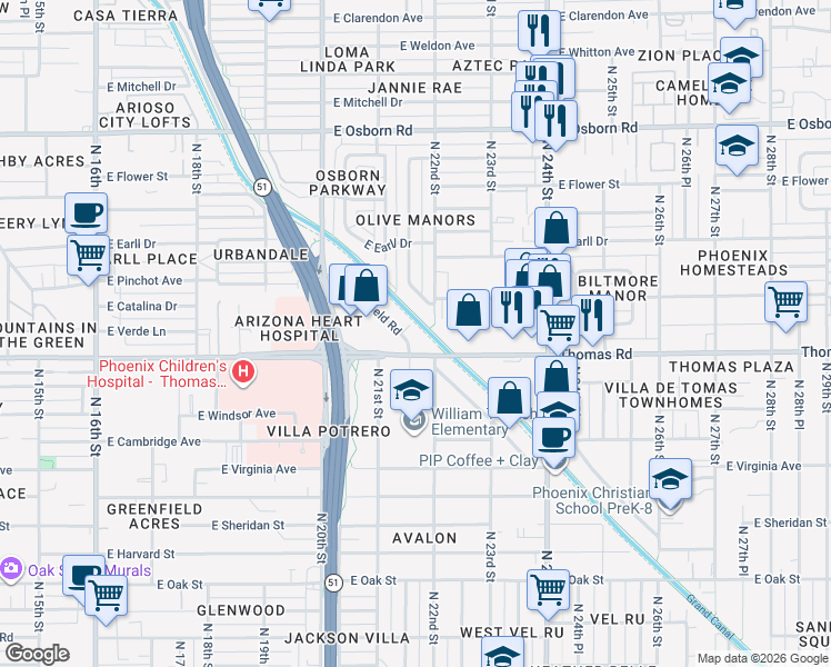 map of restaurants, bars, coffee shops, grocery stores, and more near 2930 North 21st Place in Phoenix